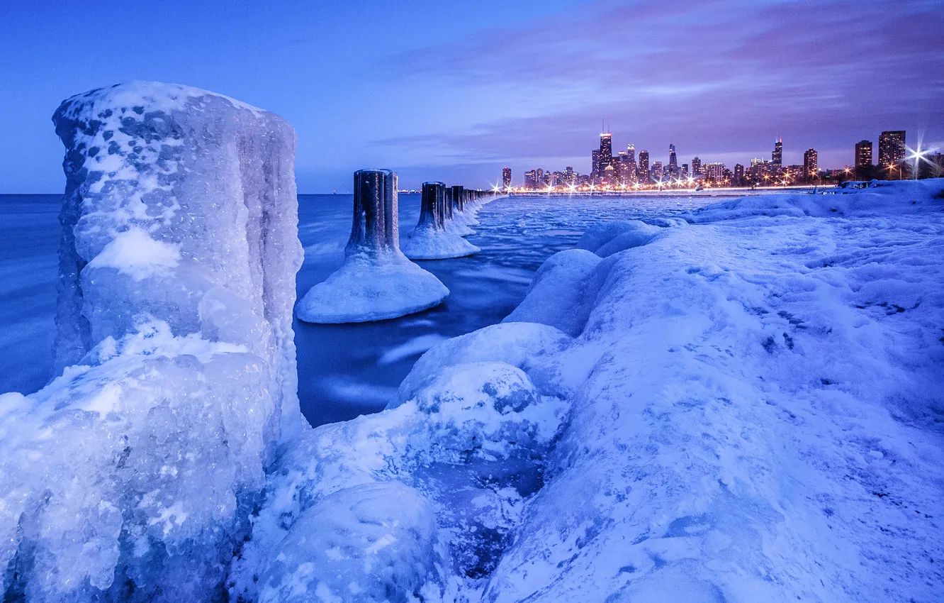 Фото обои лед, зима, снег, ночь, огни, Чикаго