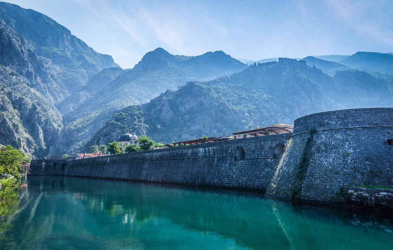 Фото обои лес, горы, озеро, стена, Montenegro, Kotor city walls