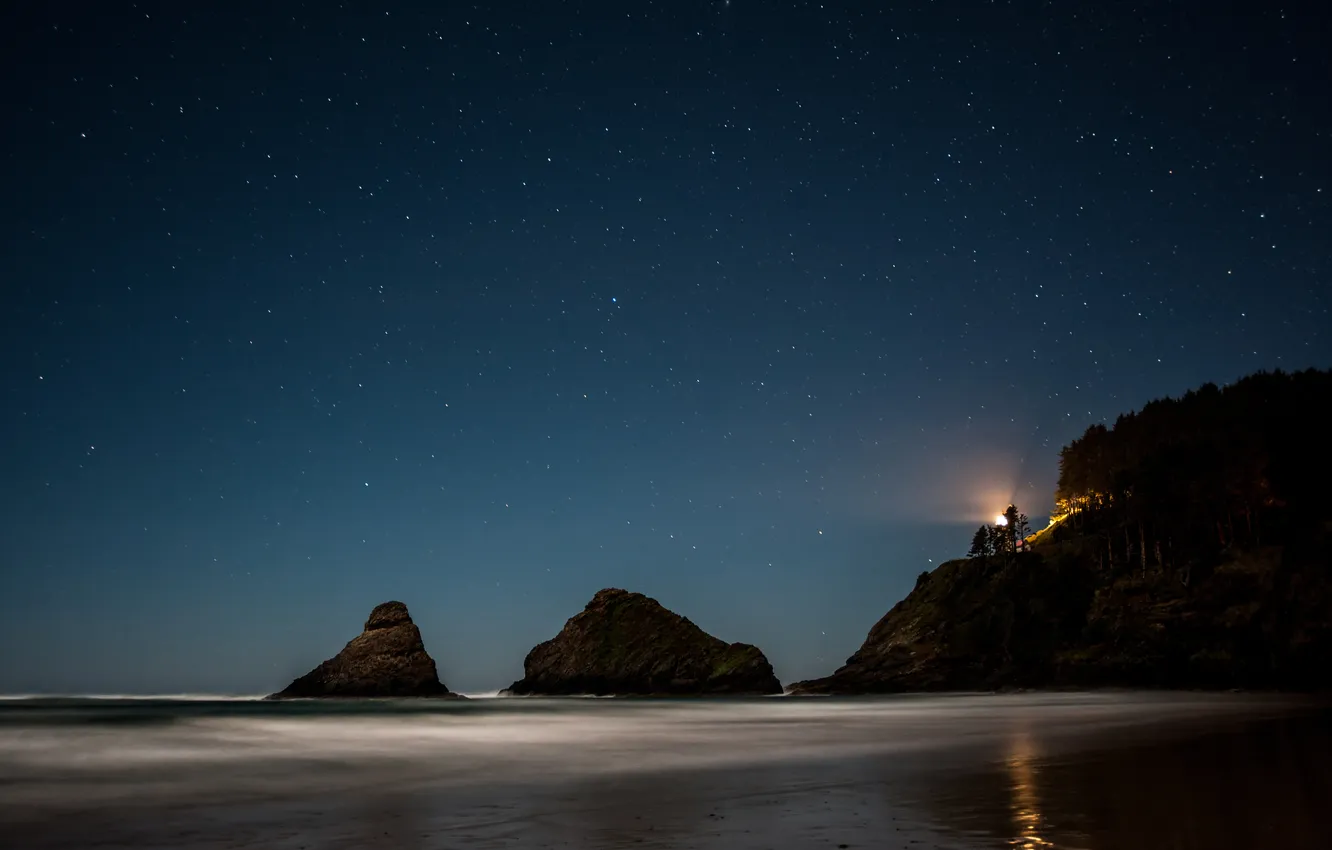 Фото обои пляж, деревья, скалы, маяк, Орегон, beach, trees, Oregon