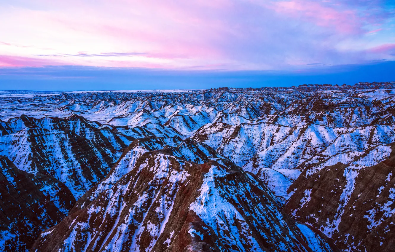 Фото обои Горы, США, Snowy, Sunrise, Badlands National Park, South Dakota, Южная Дакота, Национальный парк Бэдлендс