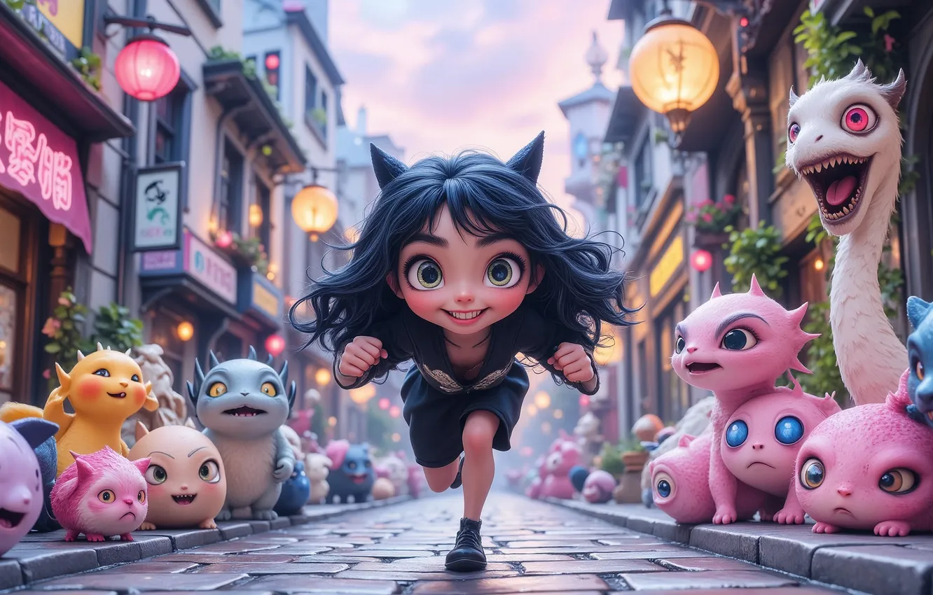 Фото обои город, улица, существо, фонари, девочка