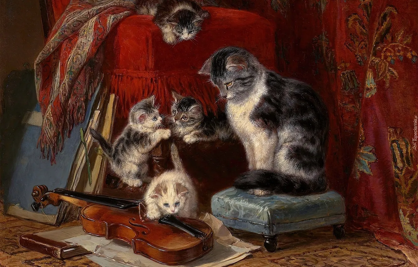 Фото обои Игра, Кошки, Котята, Картина, Генриетта Роннер-Книп, Henriette Ronner-Knip, Бельгийская художница