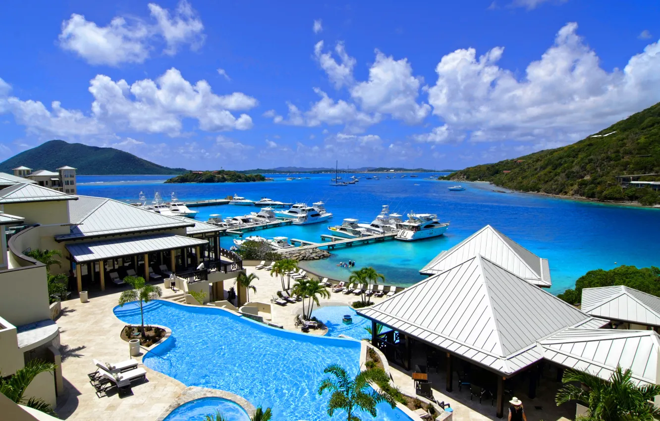 Фото обои город, океан, пристань, бухта, бассейн, курорт, Карибы, resort