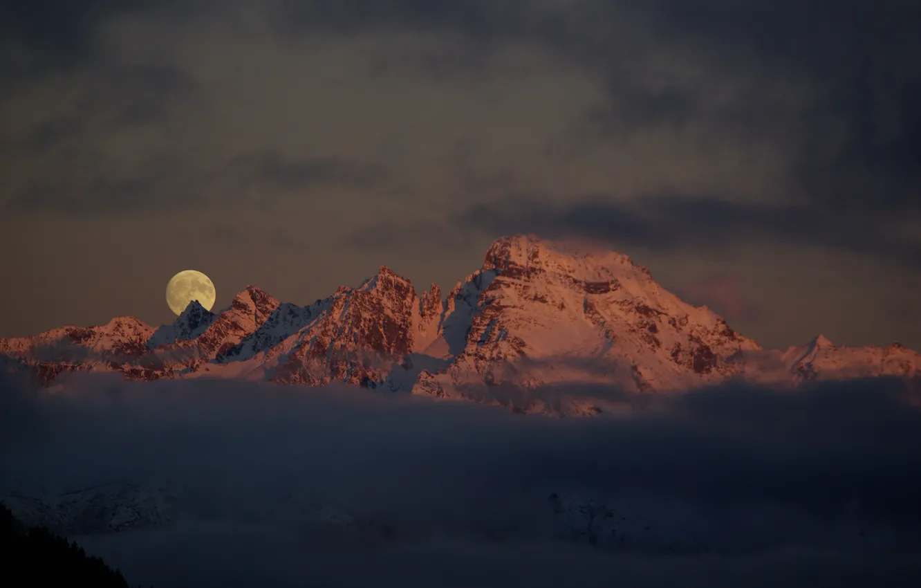 Фото обои зима, небо, облака, снег, горы, природа, скалы, луна
