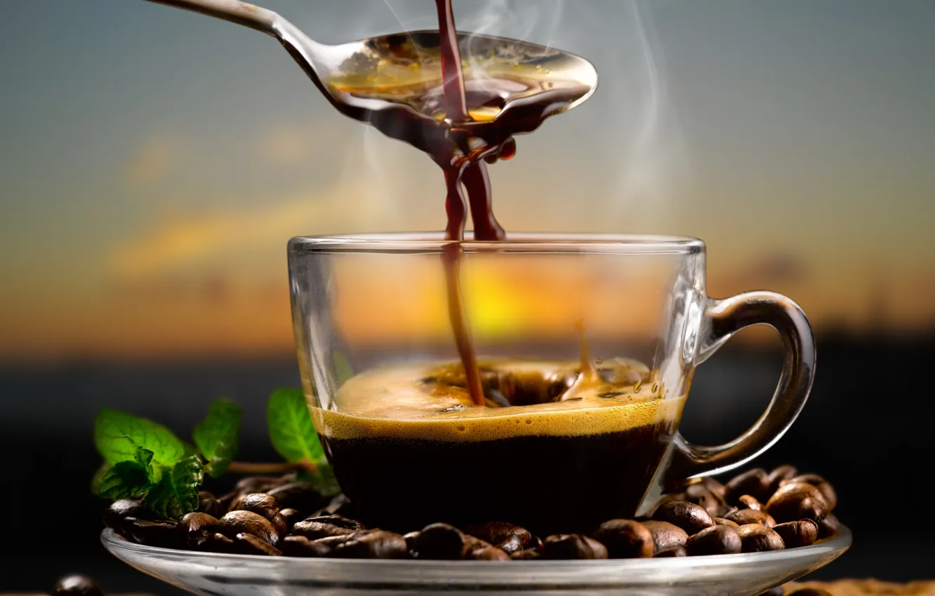 Фото обои кофе, ложка, кофейные зерна, аромат, coffee, spoon, coffee beans, листья мяты