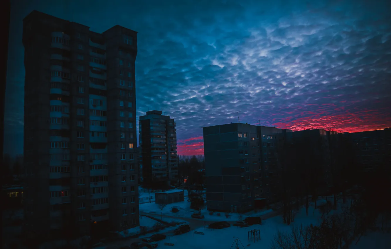 Фото обои зима, небо, город, рассвет, панельки, Ульяновск