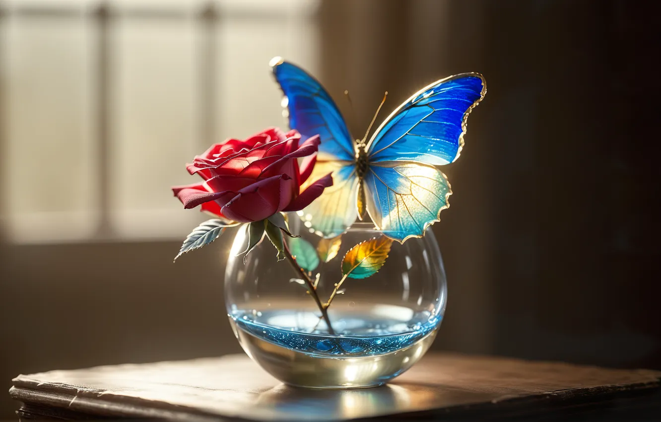 Фото обои wallpaper, Rose, picture, Vase, Butterfly
