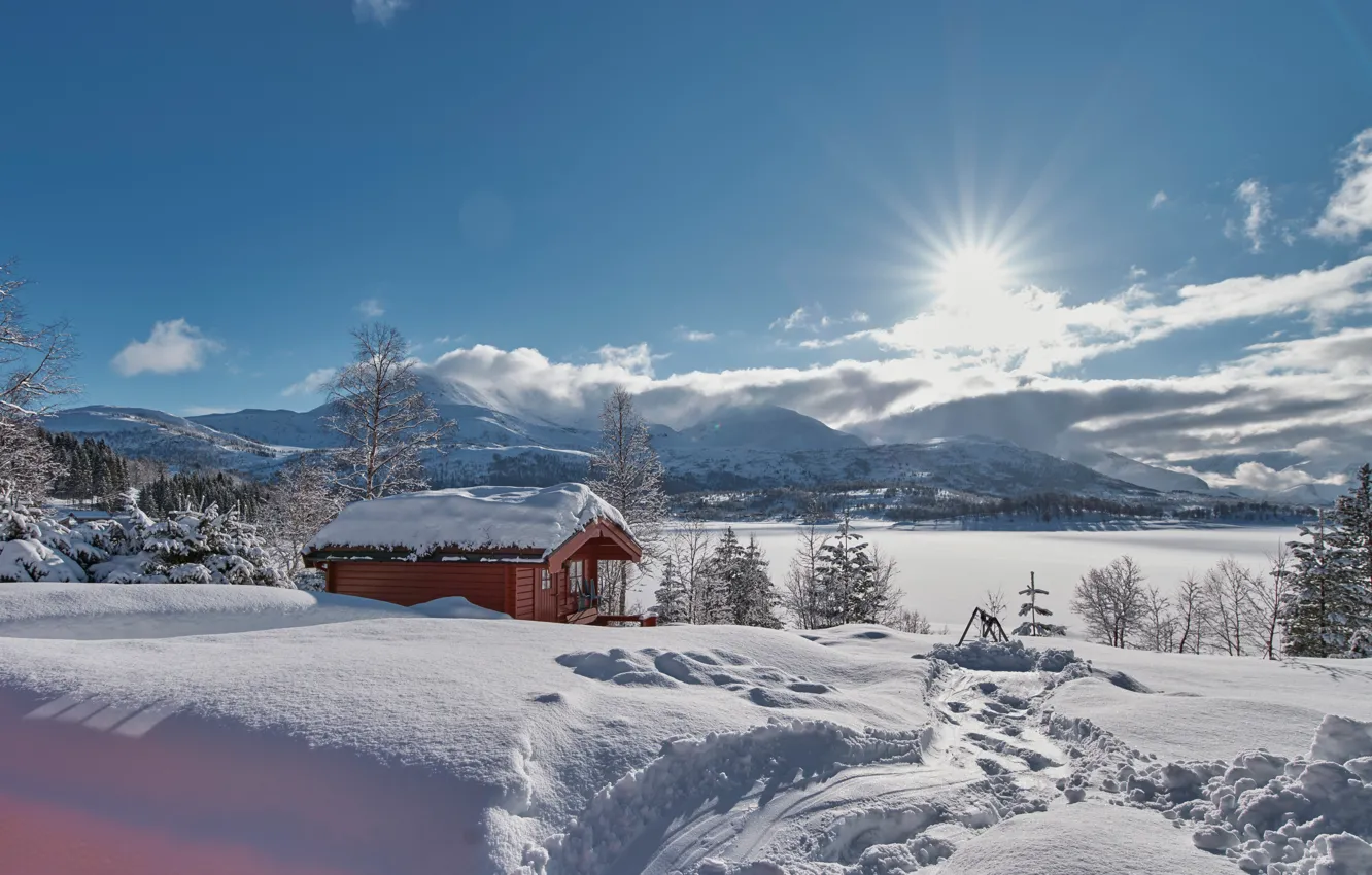 Фото обои зима, снег, горы, Норвегия, сугробы, хижина, Norway, фьорд