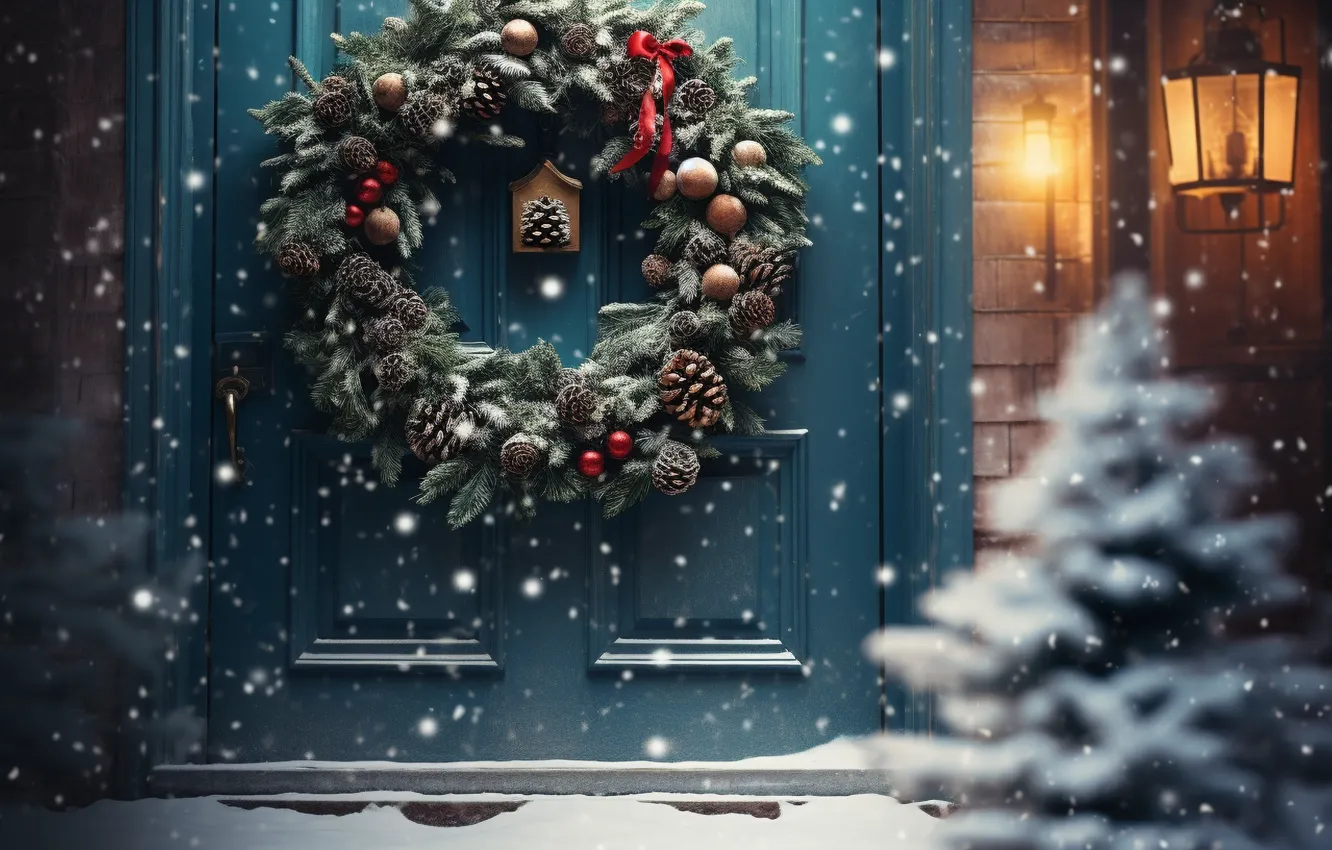 Фото обои зима, снег, украшения, елка, Новый Год, дверь, Рождество, Christmas