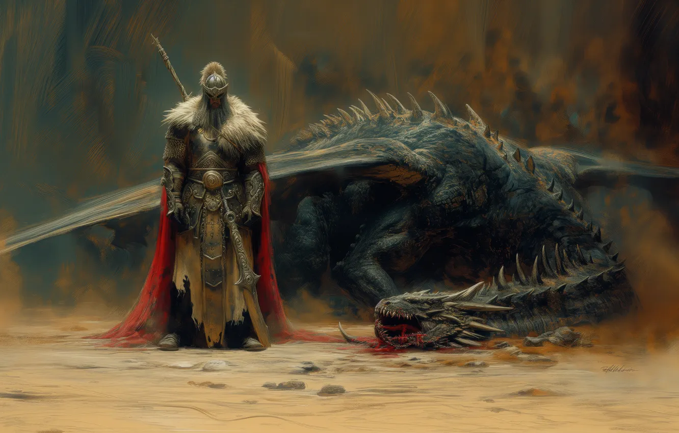 Фото обои blood, armor, men, painting, dragon, warrior, creature, helmet