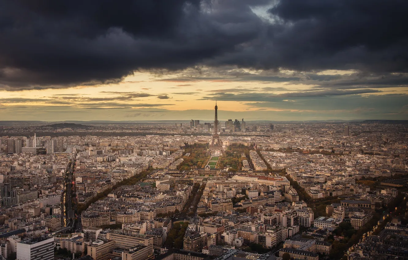 Фото обои небо, тучи, башня, париж, дома, Paris, франция, улицы