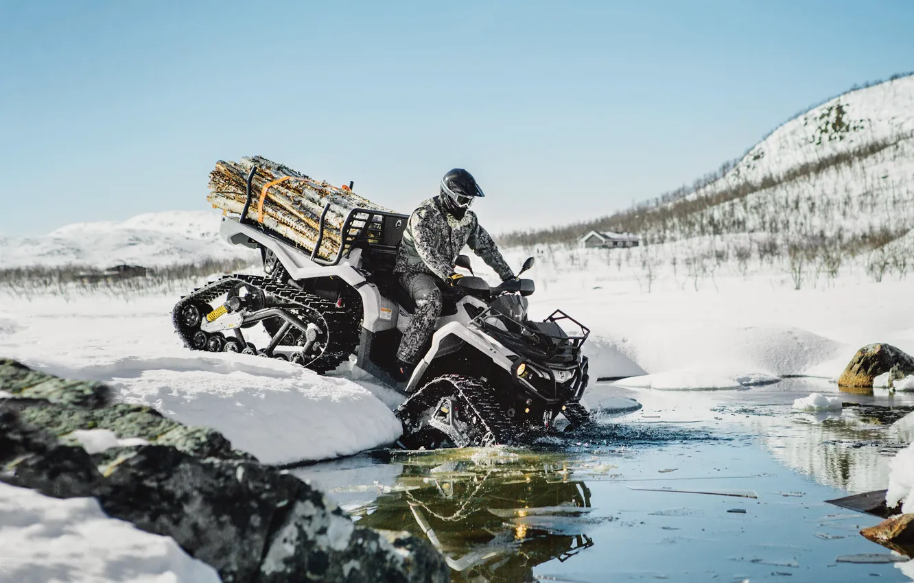 Фото обои Зима, Снег, Ручей, Мужчина, Can-Am, Track system for extreme winter conditions, Гусеничная система для экстремальных …