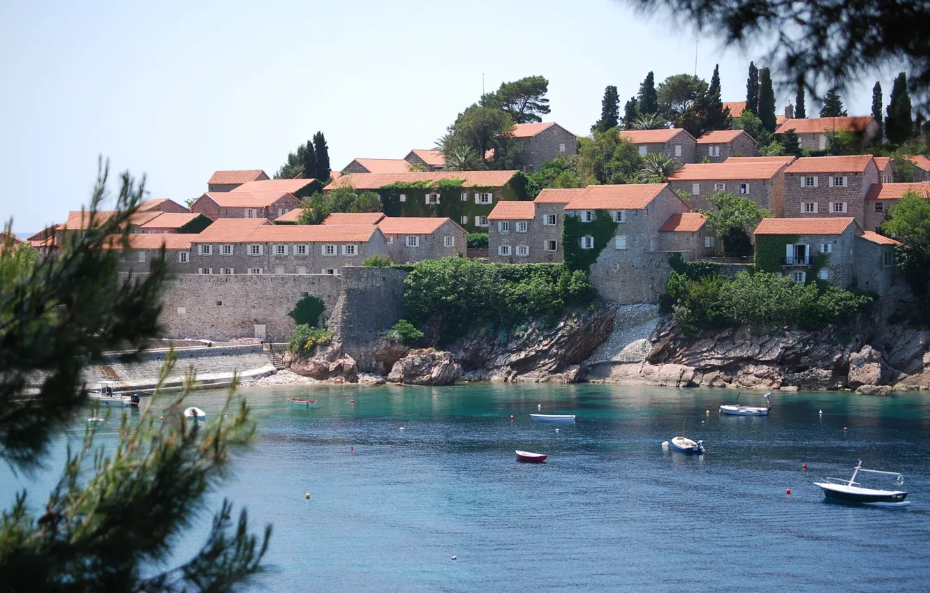 Фото обои море, город, Адриатика, Св.Стефан, Черногория, Montenegro, Sveti Stefan island