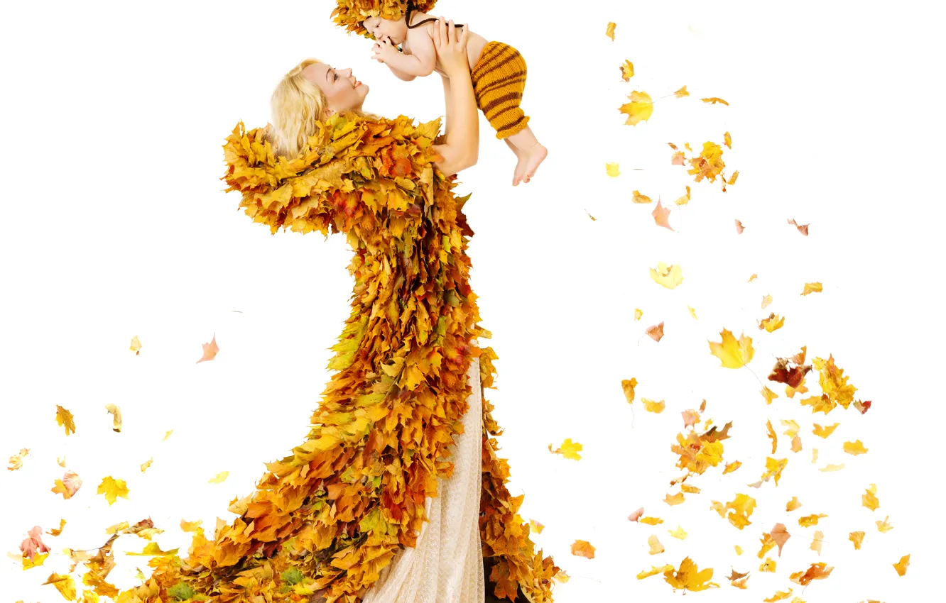 Фото обои осень, листья, радость, женщина, ребенок, woman, autumn, leaves