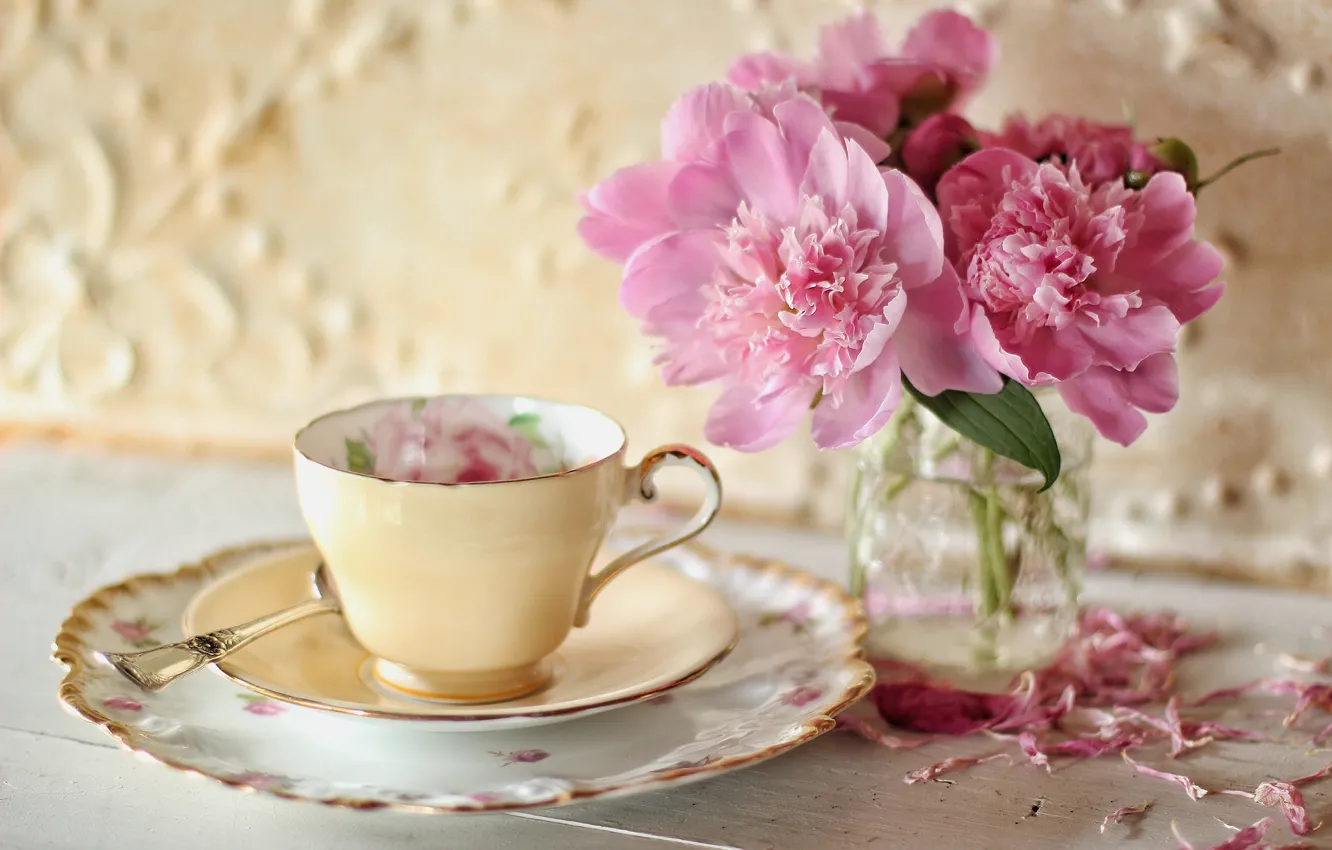 Фото обои цветы, лепестки, чашка, блюдце, пионы