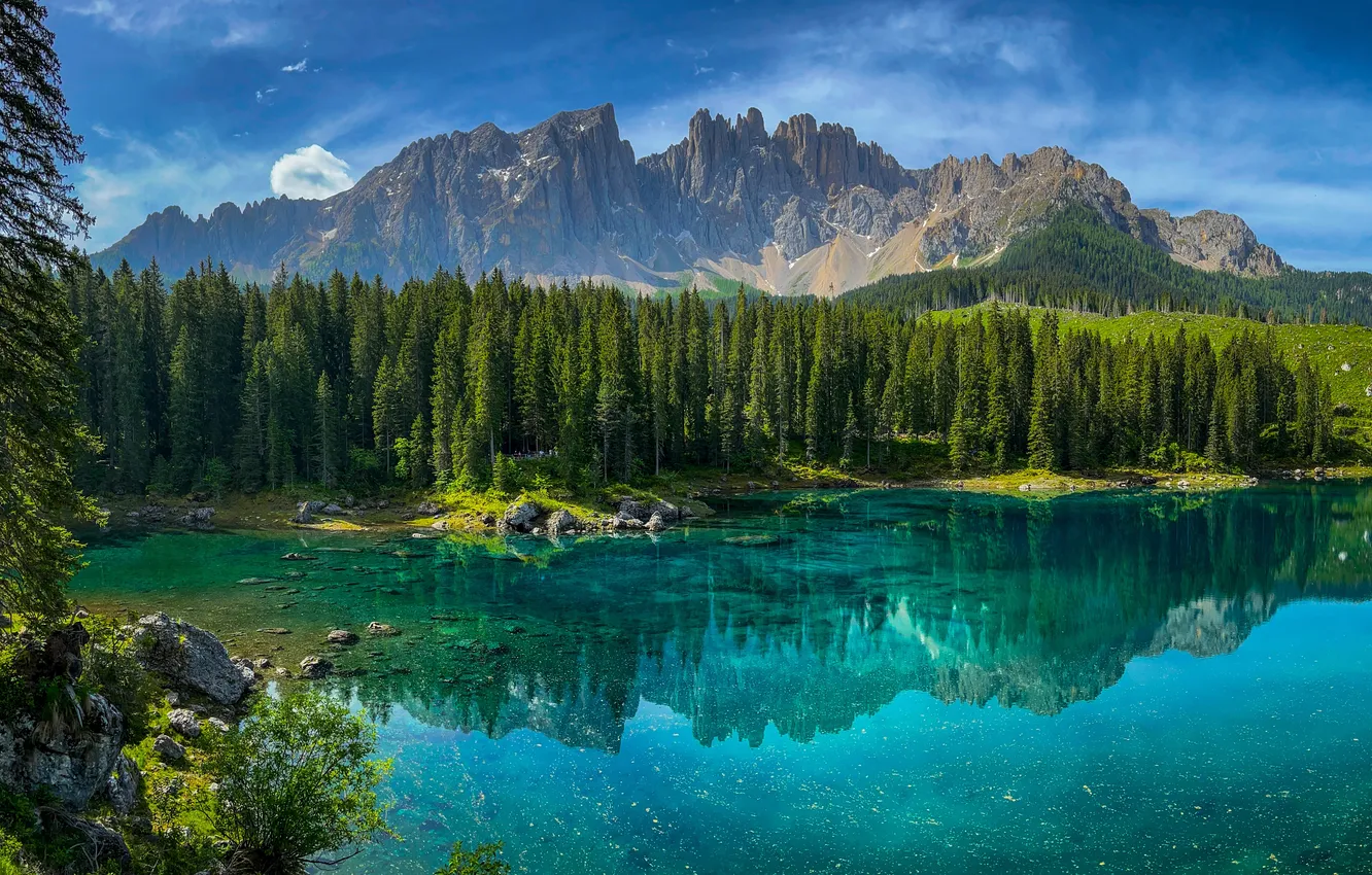 Фото обои лес, небо, вода, деревья, горы, озеро, пруд, камни