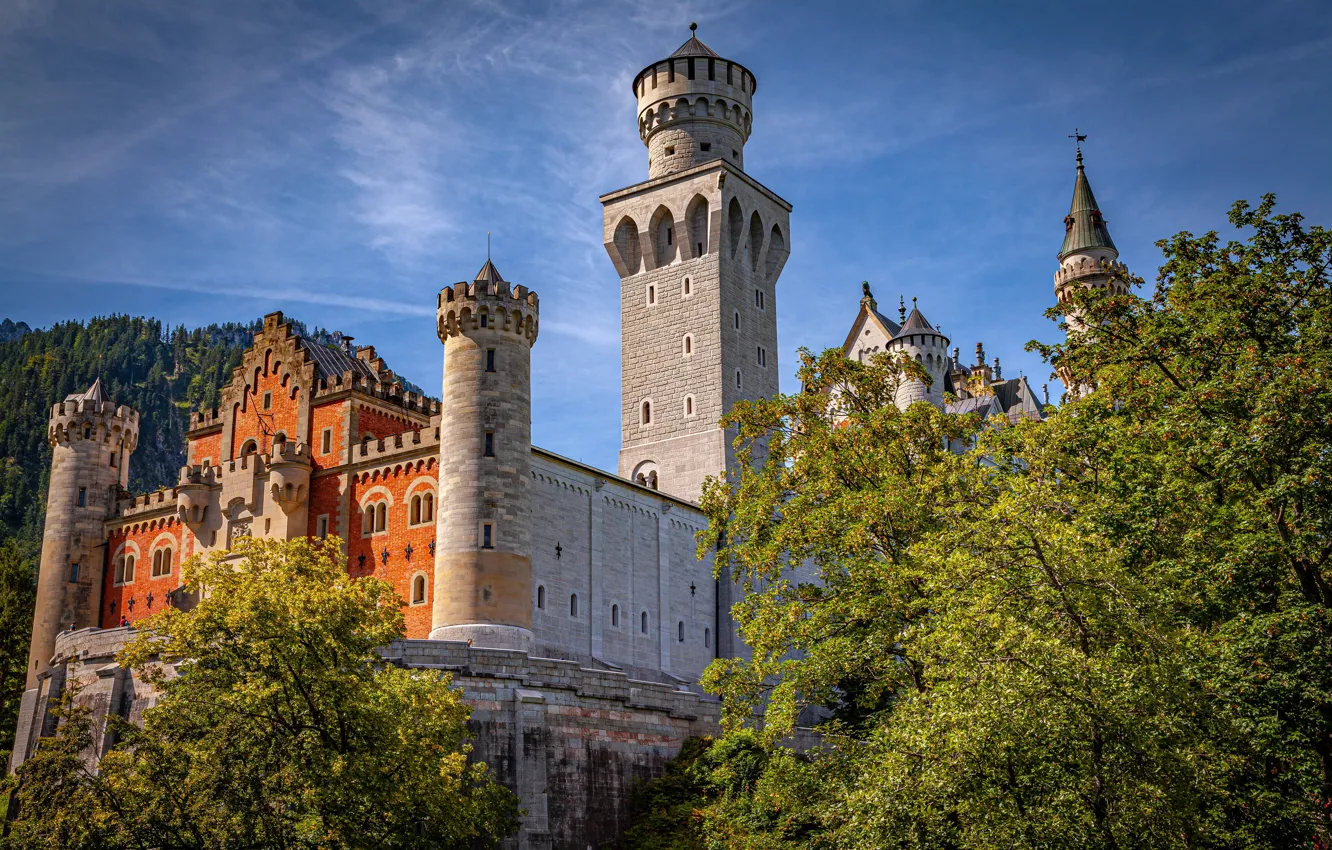 Фото обои деревья, замок, Германия, Бавария, Germany, Bavaria, Neuschwanstein Castle, Замок Нойшванштайн