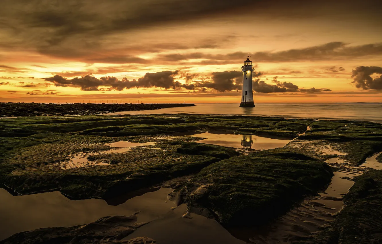 Фото обои море, ночь, New Brighton, Perch Rock Lighthouse