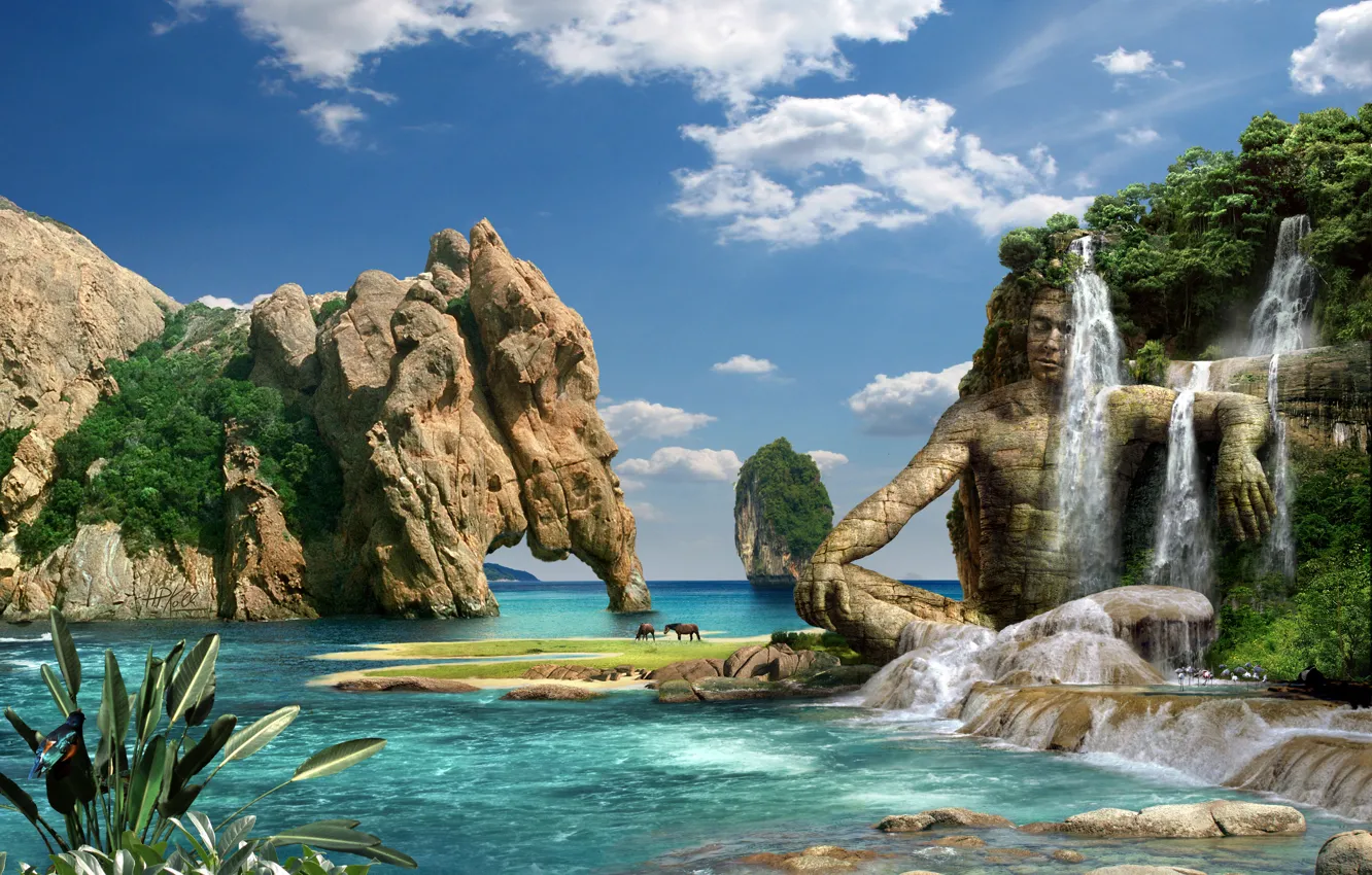 Фото обои море, горы, природа, камни, скалы, водопад, каменный мужчина