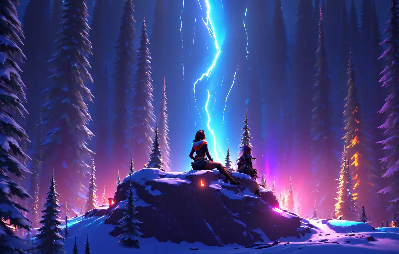 Фото обои fantasy, forest, girls, lightning, winter, snow, digital art, artwork