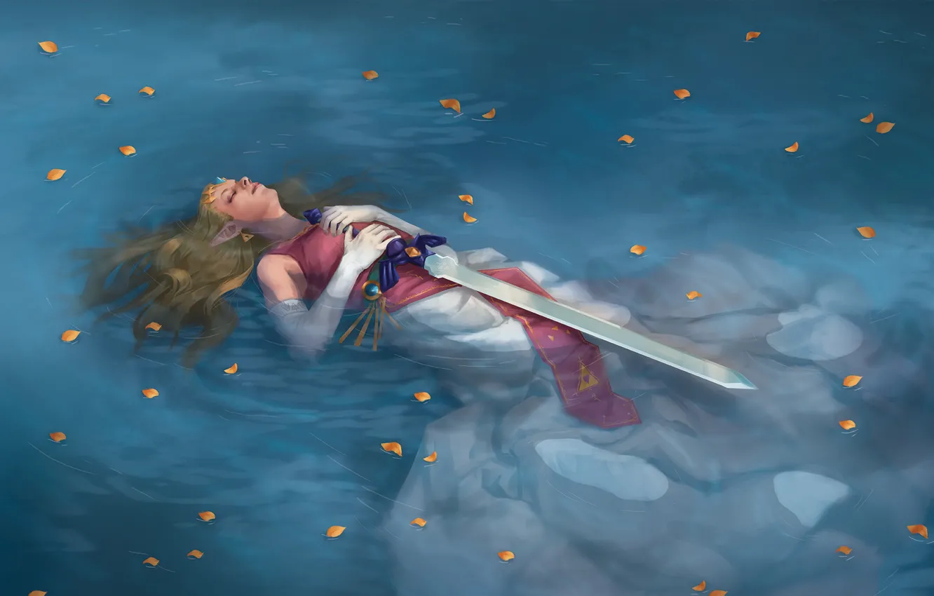 Фото обои вода, девушка, озеро, лепестки, арт, Legend of Zelda, лежа. меч
