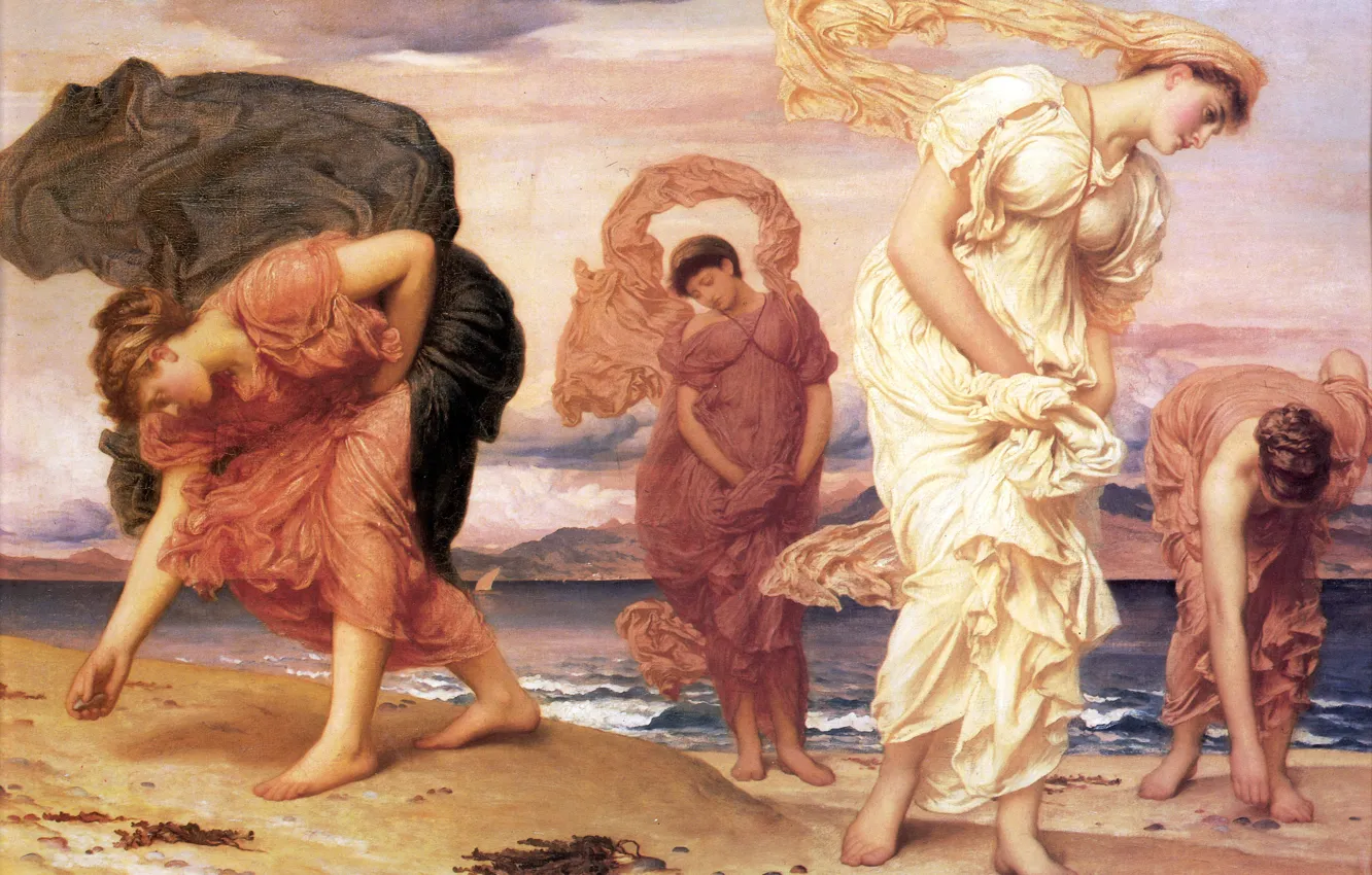 Фото обои море, женщины, пляж, античность, Frederic Leighton, Greek Girls Picking up Pebbles, гречанки