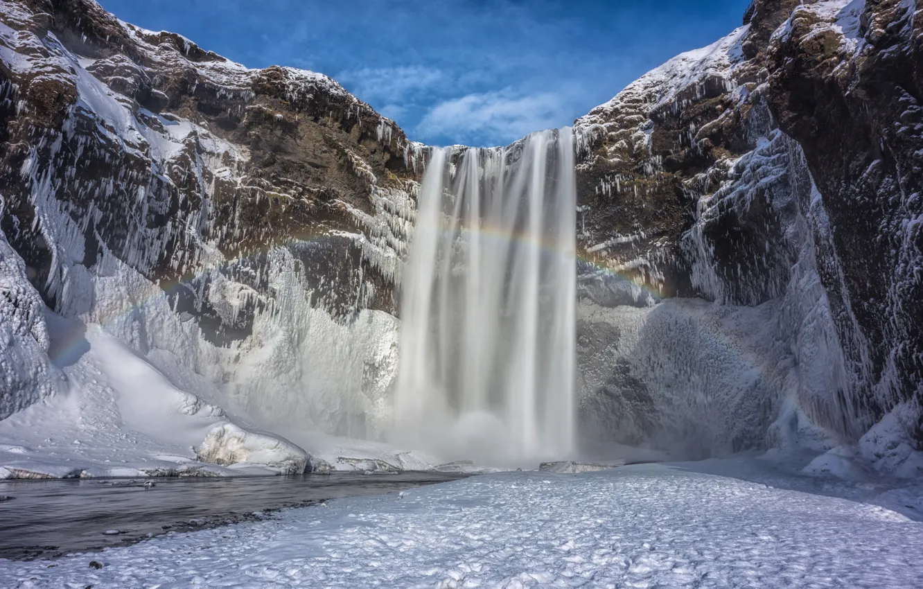 Фото обои зима, небо, снег, горы, водопад, радуга, Исландия