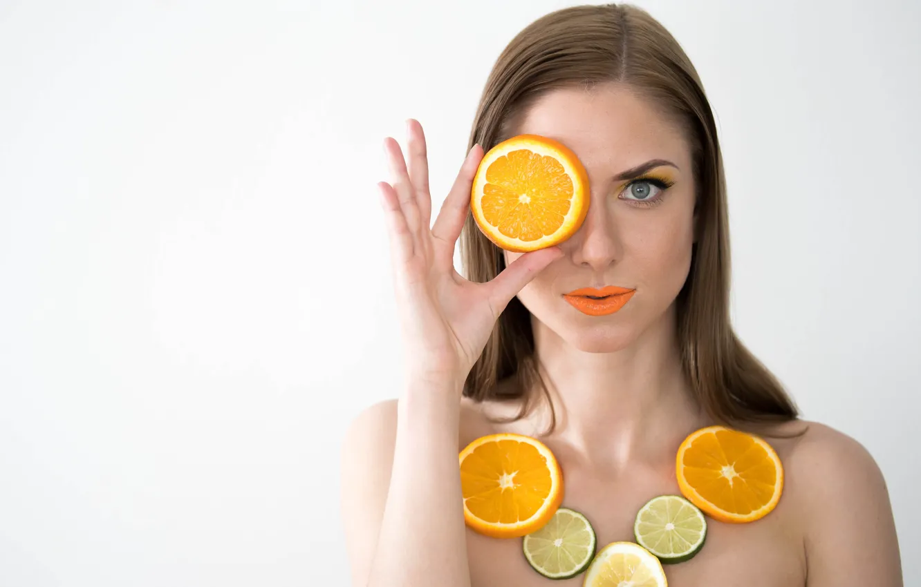 Фото обои лицо, модель, апельсины