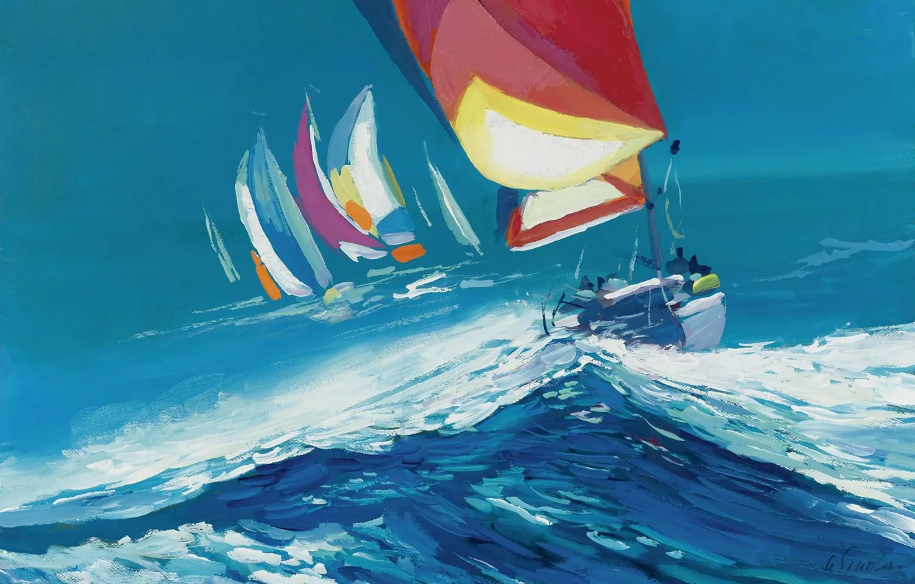 Фото обои море, волны, ветер, картина, яхта, парус, регата, Nicola Simbari