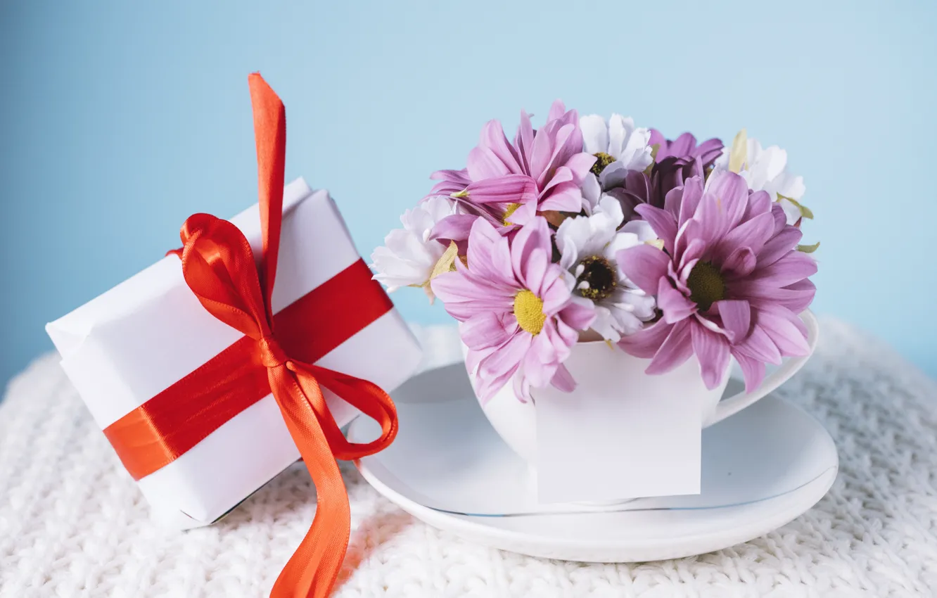 Фото обои цветы, подарок, Праздник, бант, хризантемы, коробочка