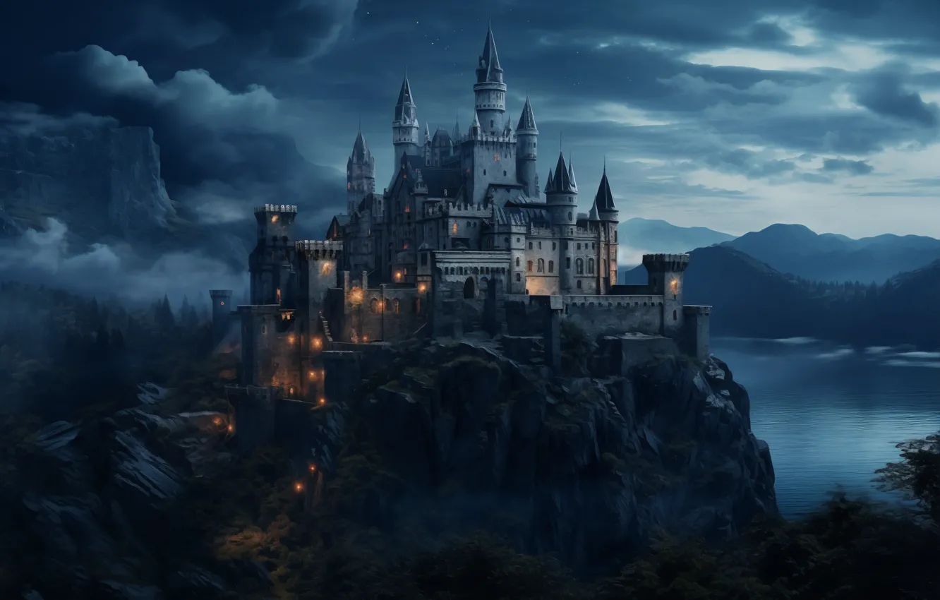 Фото обои ночь, замок, скалы, dark, старый, view, old, castle