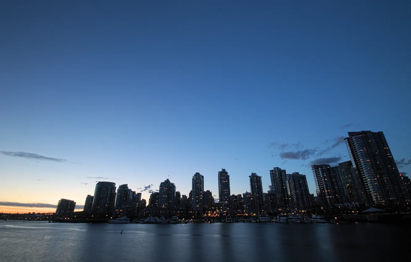 Фото обои Canada, twilight, skyline, water, shore, buildings, downtown, Vancouver