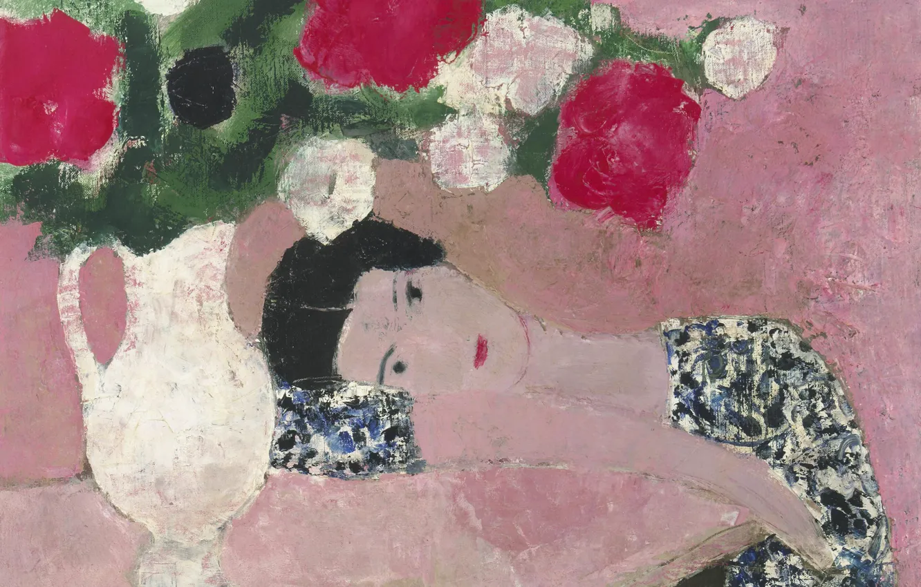 Фото обои девушка, букет, картина, пионы, Andre Brasilier