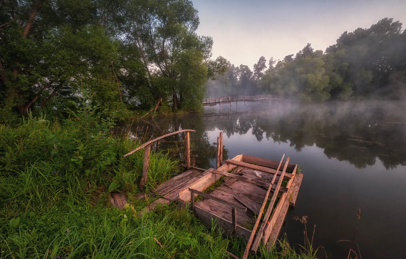 Фото обои трава, деревья, природа, озеро, плот, Андрей Малыгин