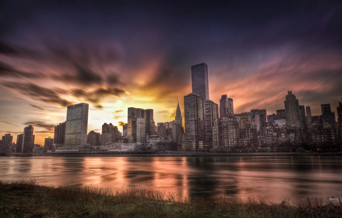 Фото обои закат, город, небоскребы, USA, америка, сша, New York City, нью йорк