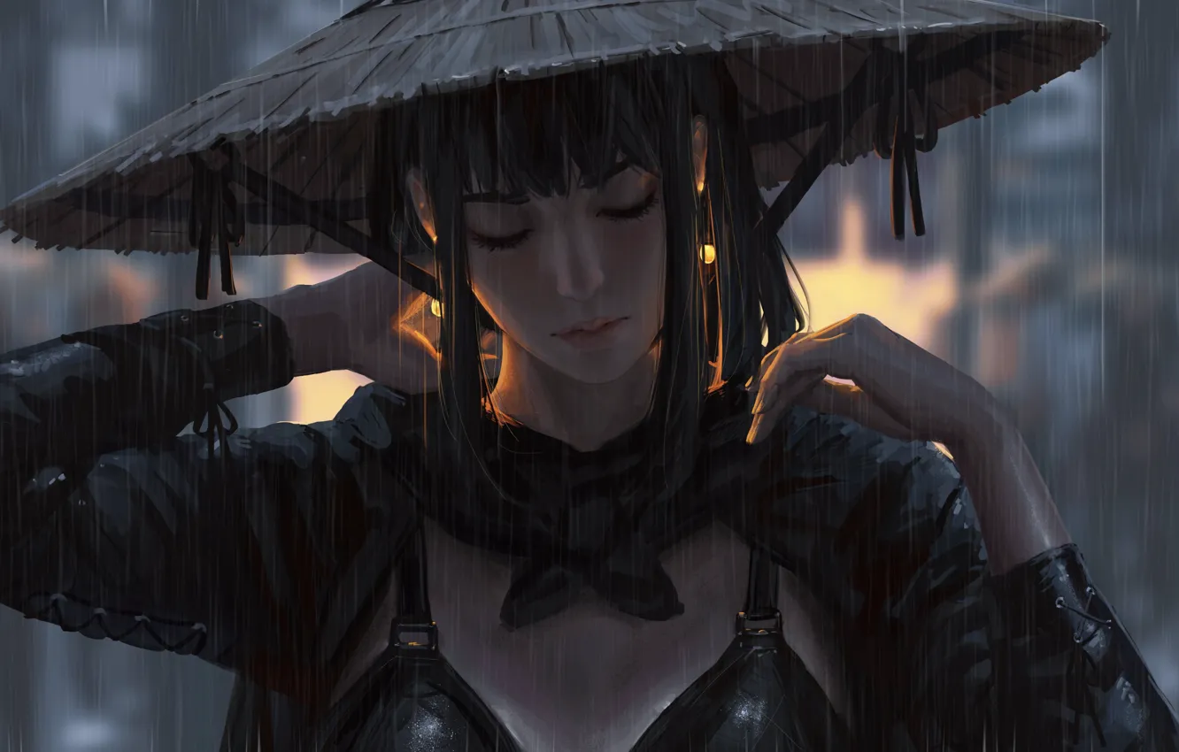 Фото обои girl, fantasy, rain, hat, samurai, artist, digital art, artwork