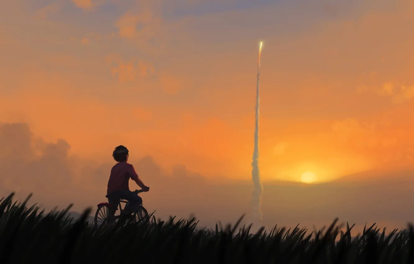 Фото обои Закат, Солнце, Мальчик, Ракета, Велосипед, Art, Пуск, Запуск