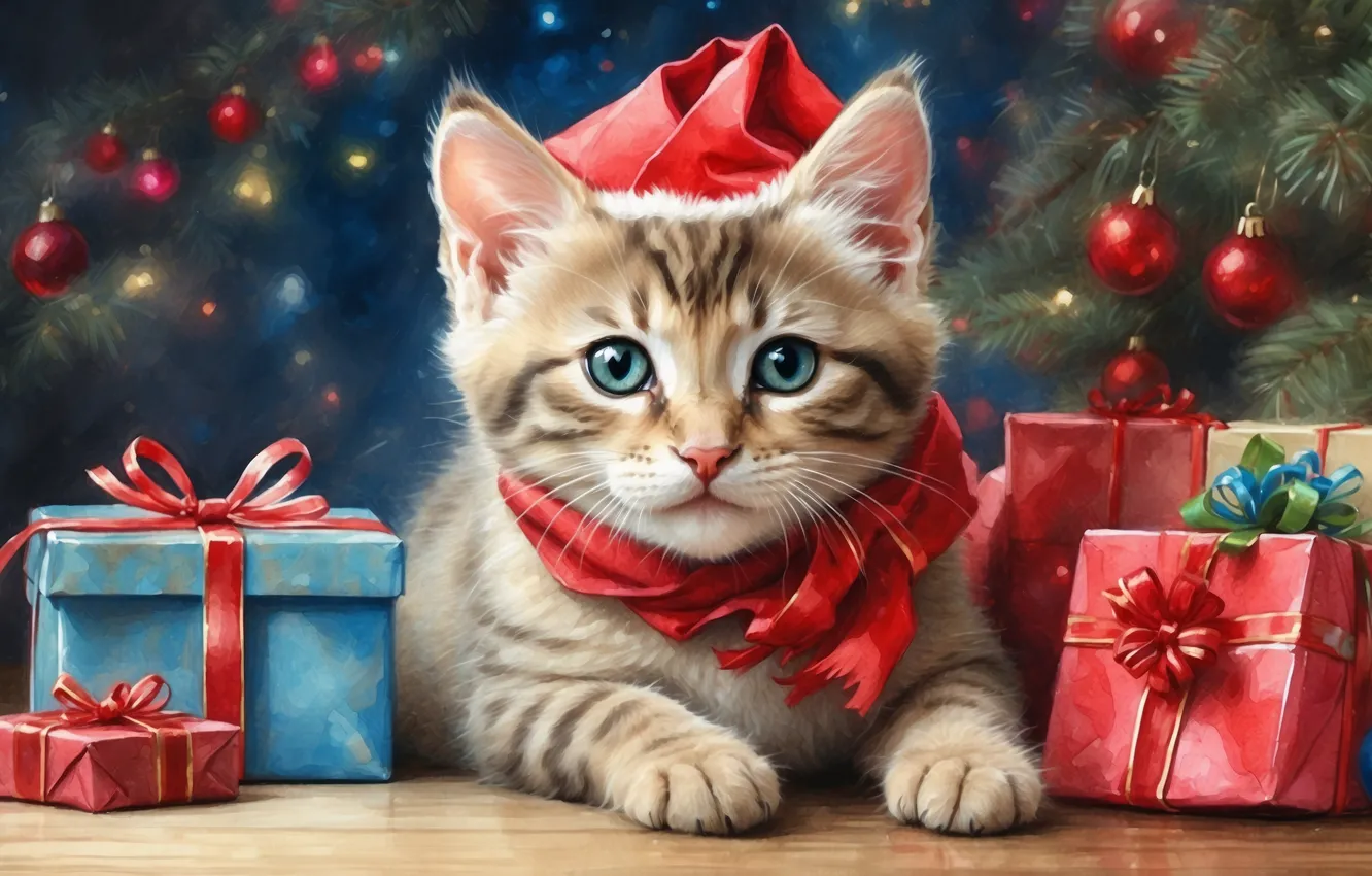 Фото обои кошка, взгляд, шарики, ветки, поза, котенок, рисунок, котик
