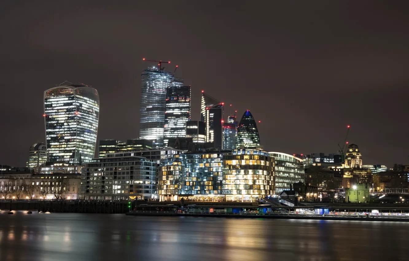 Фото обои Night Lights, Long Exposure, modern architecture, London Skyline