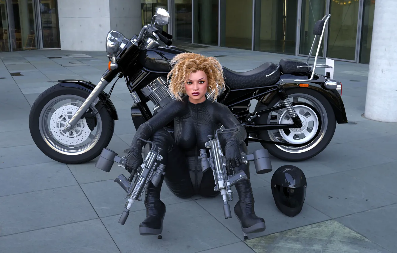 Фото обои девушка, оружие, мотоцикл