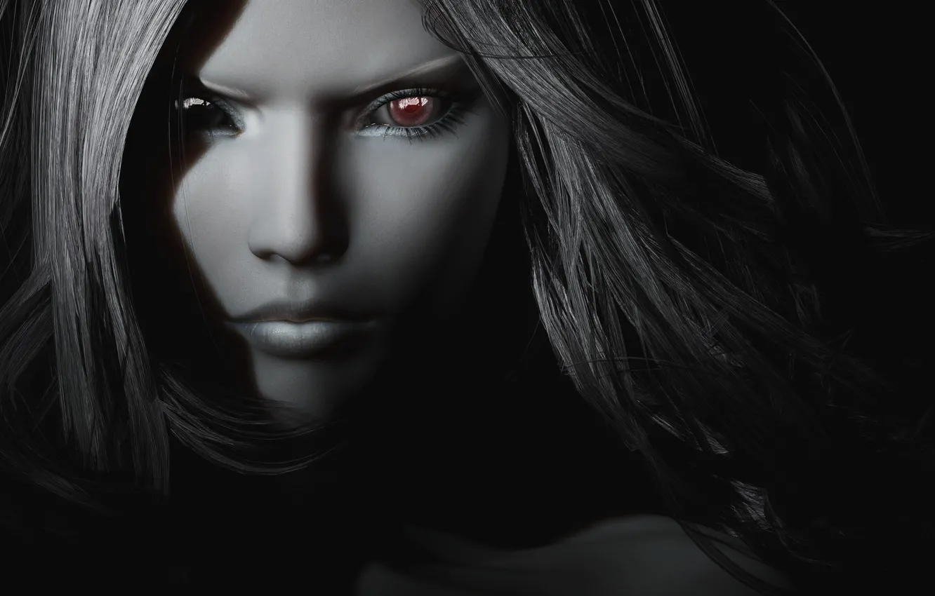 Фото обои глаза, девушка, рендеринг, волосы, черно белая, вампирша