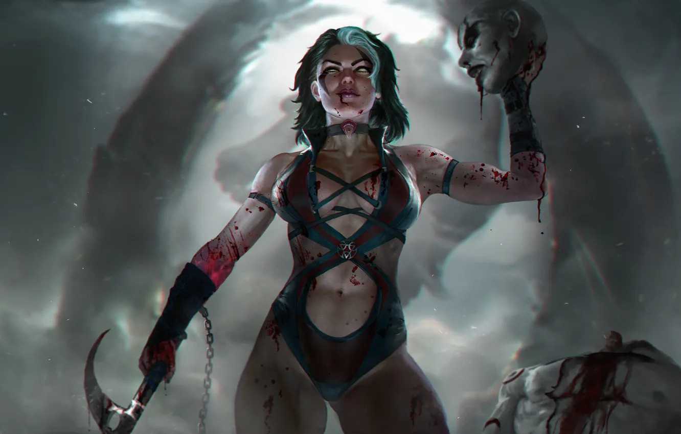Фото обои грудь, девушка, кровь, голова, боец, Mortal kombat, fatality, Sareena