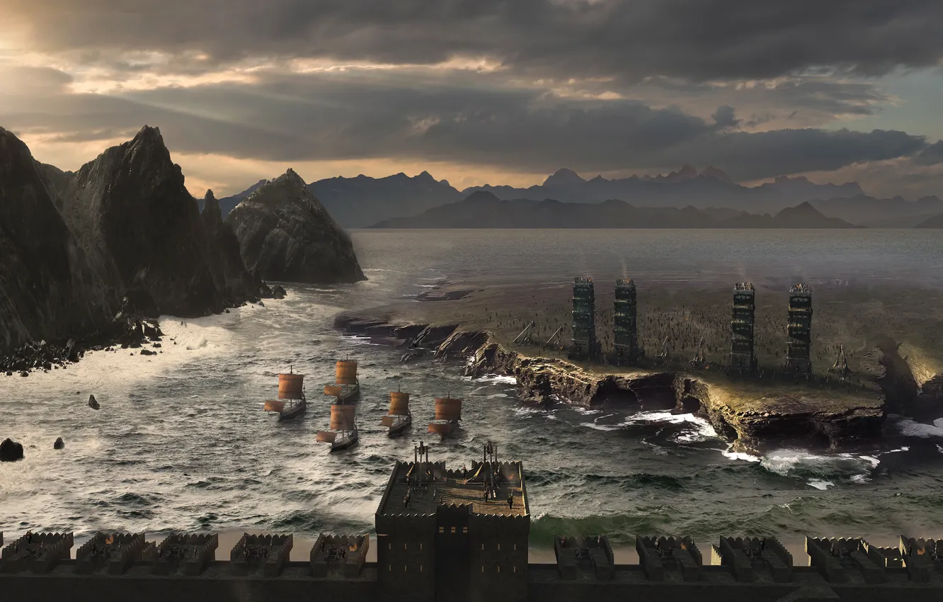 Фото обои волны, горы, корабли, крепость, Siege Concept