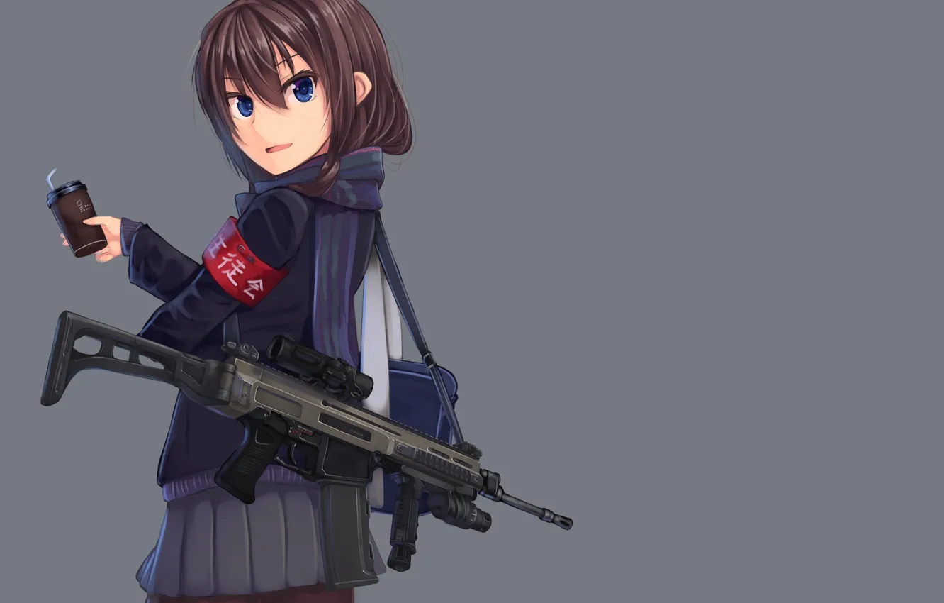 Фото обои girl, gun, weapon, anime, pretty, rifle, japanese, bishojo