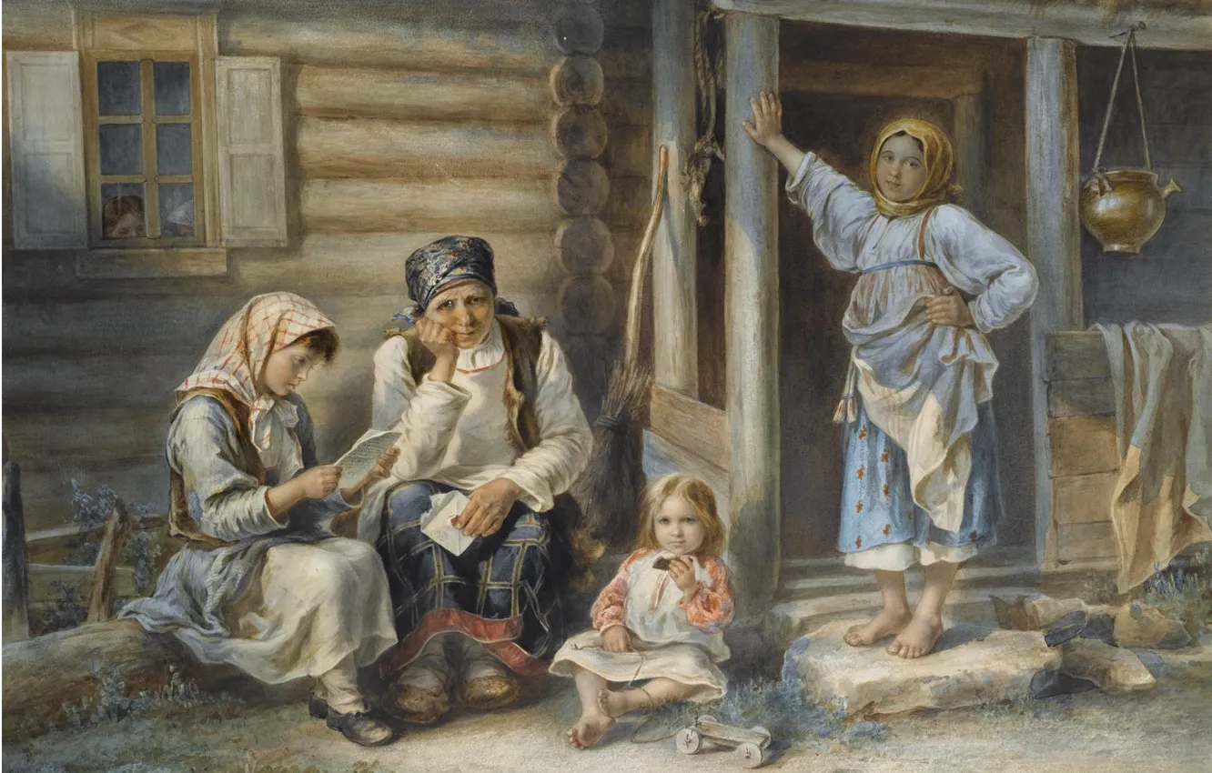 Фото обои 1872, Aleksei Ivanovich Strelkovsky, THE VILLAGE SCHOOL, watercolour