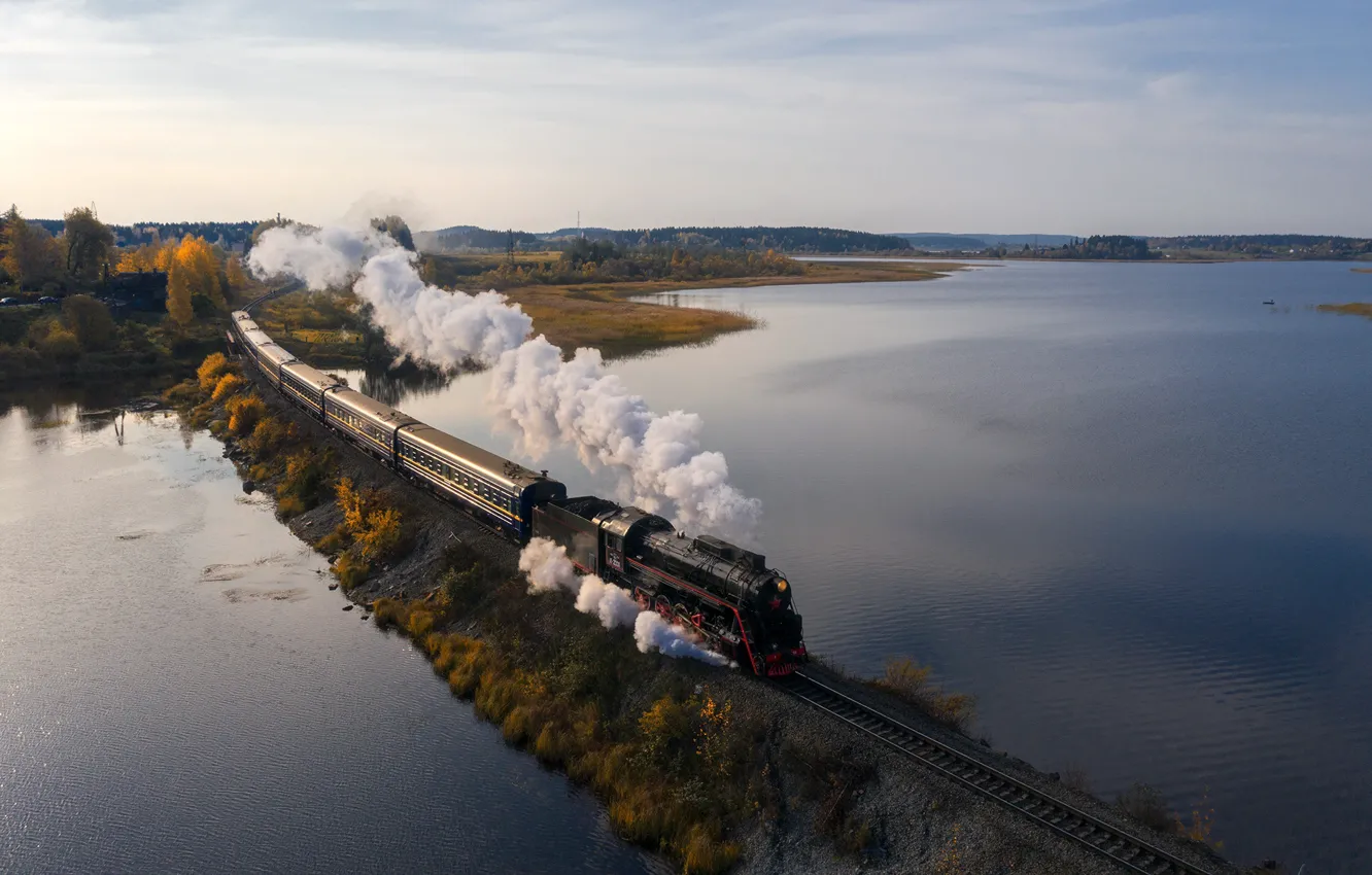 Фото обои пейзаж, природа, озеро, поезд, заповедник, Карелия, Рускеала, Андрей Базанов