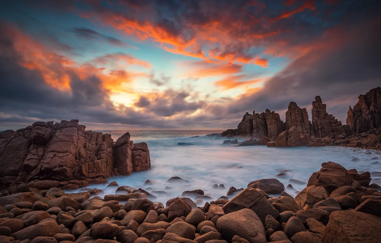 Фото обои море, пляж, небо, камни, выдержка, Австралия