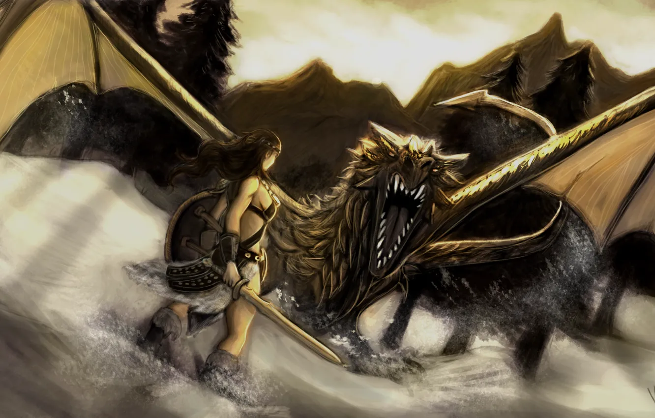 Фото обои девушка, снег, горы, дракон, меч, щит, Skyrim, Dovahkiin