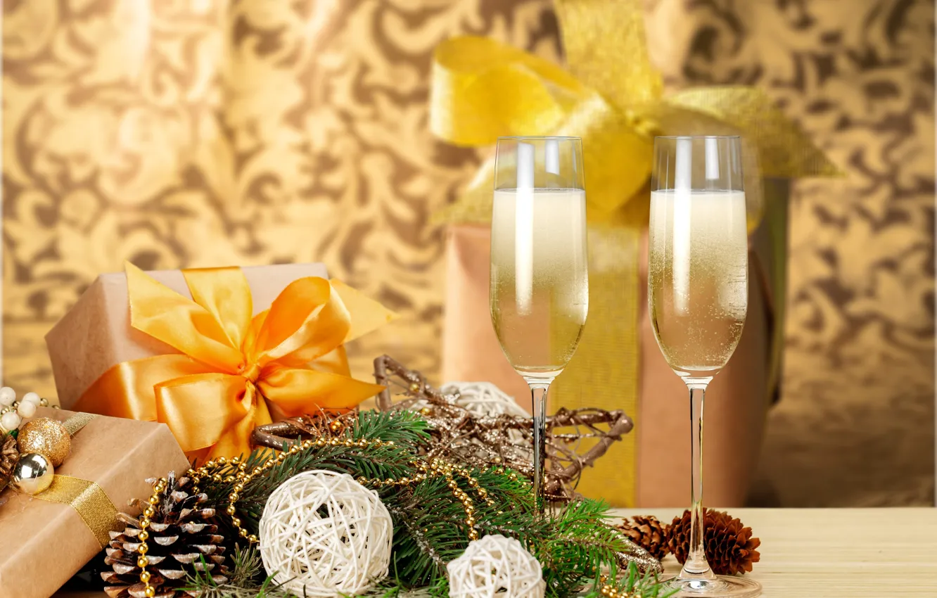Фото обои елка, Новый Год, бокалы, Рождество, new year, happy, gift, decoration