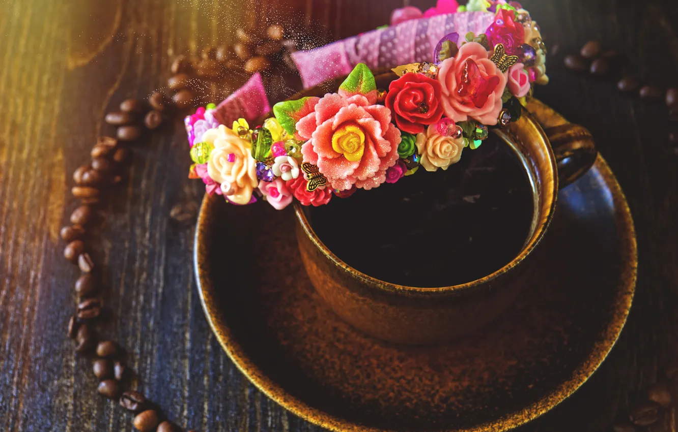 Фото обои украшения, цветы, кофе, зерна, чашка, напиток, ободок
